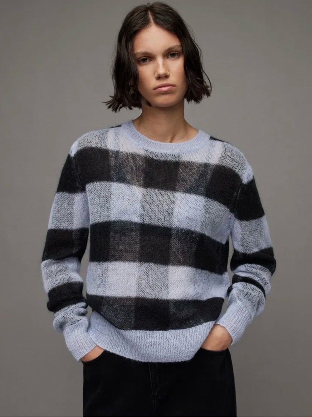 Allsaints Renee Checked Crew Neck Relaxed Jumper Sz L